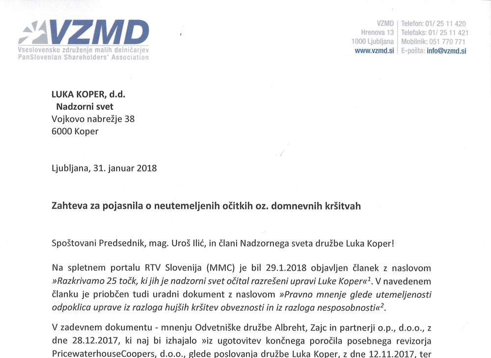 Luka Koper Zahteva za pojasnila o neutemeljenih ocitkih oz domnevnih krsitvah31012018 Page 1